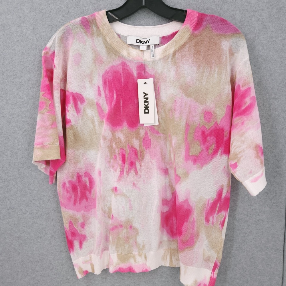 DKNY Watercolor Print Pink Short Sleeve Crewneck Sweater Shirt Womens Size M NWT